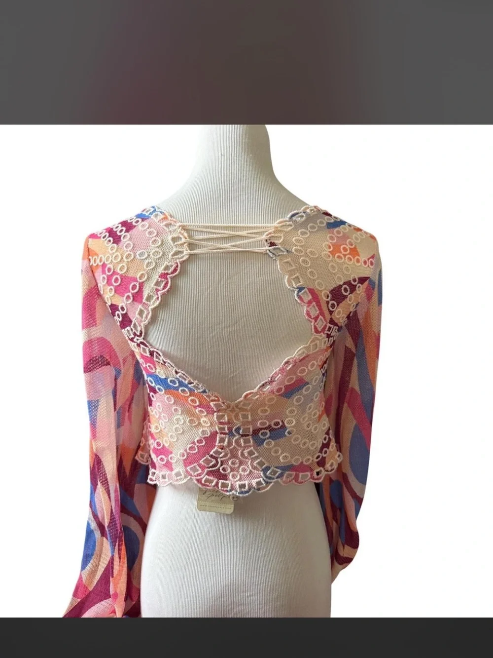 Multi-Color Lace-Up Mesh Crop Top - Pink/Blue Pattern